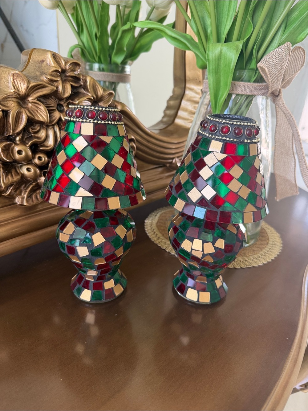 Mosaic Glass Table candle holders - Red & Green